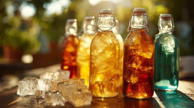 95.Assorted bottles of chilled iced tea arranged on table surface, visible ice cubes, warm daylight, fresh and inviting refreshment concept