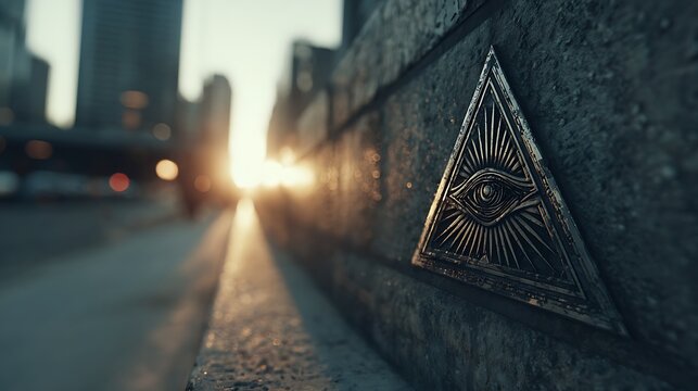 Intricate Eye of Providence symbol etched into textured stone wall with urban cityscape background