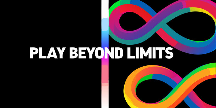 split graphic design layout with colorful infinity symbols on black background abstract art modern visual composition contrast bold text play beyond