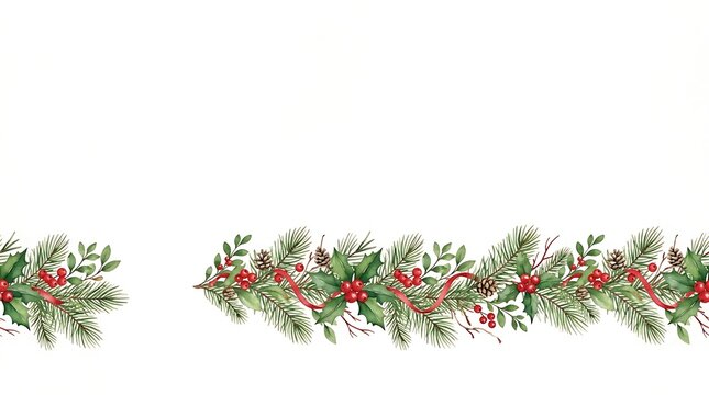Christmas holiday background with green fir branches pine cones red berries and festive ornaments winter border frame for seasonal greeting card and celebration design