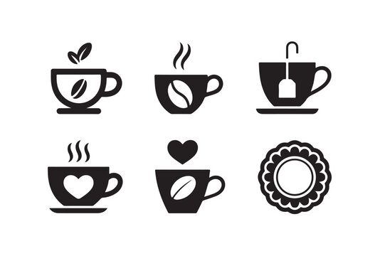 Universal coffee and tea icons including beans hearts and teabags for beverage packaging.