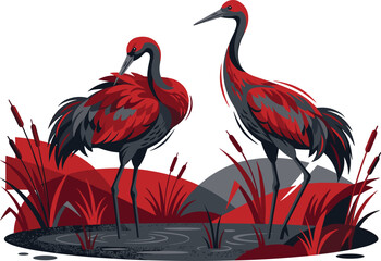 Fototapeta premium Elegant Red and Grey Crane Birds Standing in Wetland Swamp Water with Reeds and Cattails Vector Illustration for Oriental Nature Inspired Designs