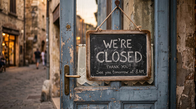 Weathered wooden chalkboard sign with white hand written text stating we are closed hanging on a rustic blue textured door frame in a charming old european town street at dusk.