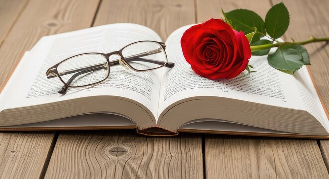 Una toma de primer plano de un libro abierto sobre una mesa de madera r&uacute;stica junto a una rosa roja fresca y gafas de lectura cl&aacute;sicas, tradicional, bodeg&oacute;n, luz natural