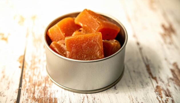 Cinnamon hard candies in a metal tin with reddish-brown hue