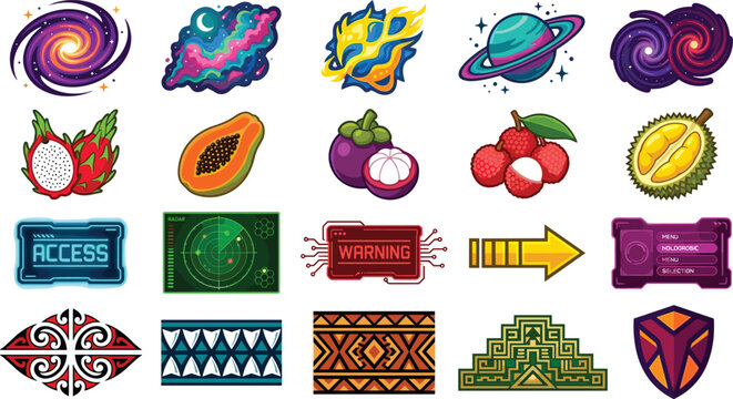 Diverse Graphic Asset Bundle Featuring Cosmic Galaxies, Exotic Tropical Fruits, Futuristic Sci-Fi UI Interface Elements, and Traditional Tribal Pattern Designs Vector Illustration