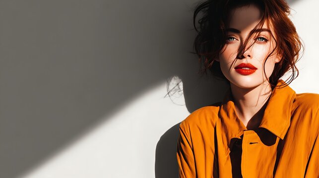 Fashionable woman with red lipstick and flowing hair. wearing an orange jacket. illuminated by dra