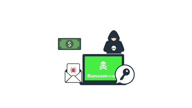 Ransomware Attack on Laptop with Money, Envelope, and Key Icons