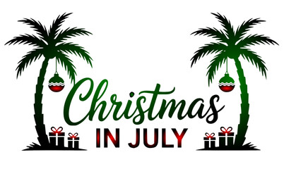 Obraz premium Christmas in July tropical holiday celebration banner featuring elegant script typography framed by green palm trees with hanging bauble ornaments and gift box silhouettes.