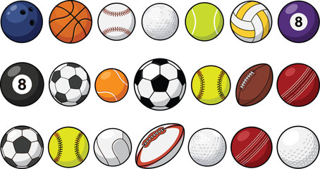 Obraz premium Sports ball vector collection featuring cartoon icons for soccer basketball football tennis bowling golf cricket and rugby athletic gaming equipment.