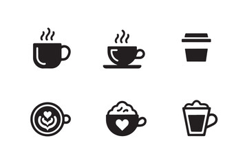 Obraz premium Collection of coffee cup icons, diverse styles with steam, latte art, and whipped cream.