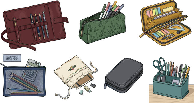 Stationery organizers and pencil case vector set featuring leather pen rolls mesh pouches desk organizers and artist supply storage graphics.
