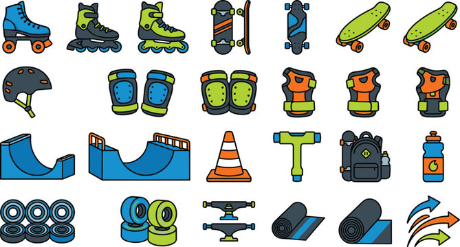Skatepark equipment and extreme sports color icon set featuring roller skates skateboards protective pads helmets ramps and tool vector graphics.