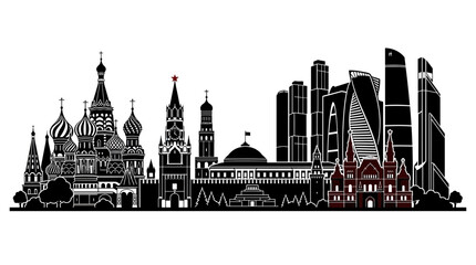 Fototapeta premium Moscow Skyline Silhouette: Kremlin, St. Basil's Cathedral, and Modern Skyscrapers