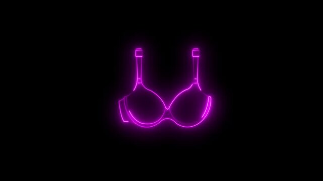 Glowing neon Bra icon isolated on black background. Lingerie symbol. fashion Ideal for apparel designs clothing themes fashion branding bra promotions. 4K Video Glowing neon line Bra icon and Woman..