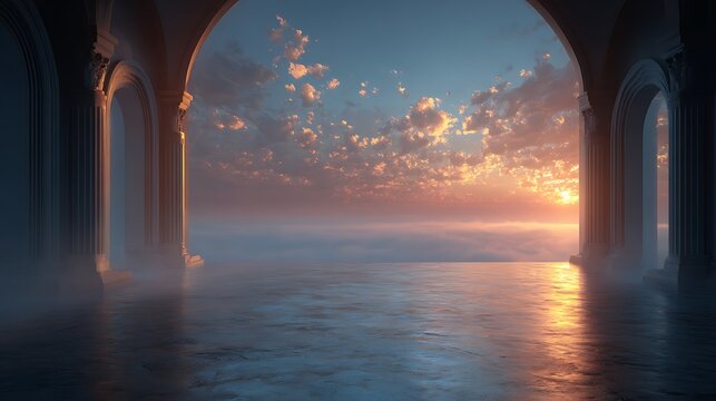 Majestic colonnade with glowing sunset sky and clouds reflected on wet marble floor. 3D render