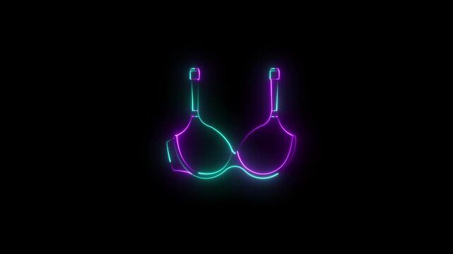 Glowing neon Bra icon isolated on black background. Lingerie symbol. fashion Ideal for apparel designs clothing themes fashion branding bra promotions. 4K Video Glowing neon line Bra icon and Woman..