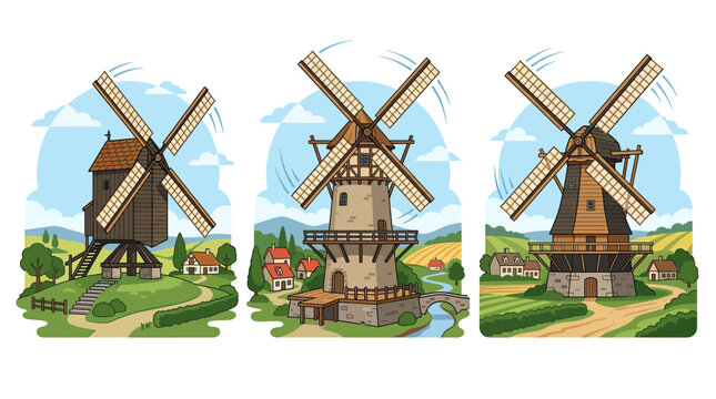 Vintage Windmills in Rural Landscape, Traditional Dutch Countryside Scenery