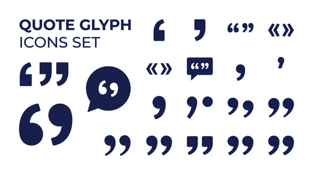 Collection of dark blue quotation mark glyph icons featuring diverse typographic symbols and punctuation marks