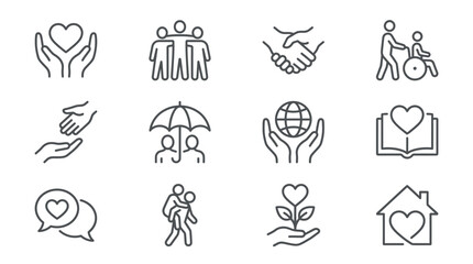 Fototapeta premium Minimalist Black and White Line Icons Set Featuring Social Care Family Support and Love Concepts