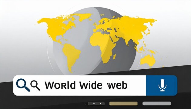 World Wide Web globe with search bar and icons.