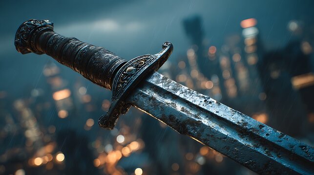Close up of an antique metal sword with ornate hilt. set against a blurred. rainy cityscape at nig