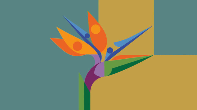 Vibrant birds perch on a colorful abstract geometric shape in a stylized illustration.