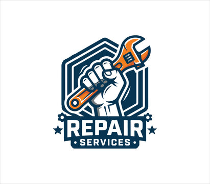 Hand holding adjustable wrench for repair services logo design