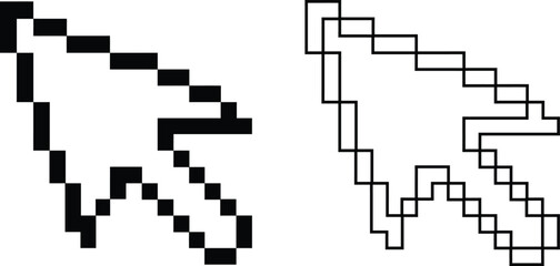 Fototapeta premium Pixelated Cursor Arrow Icon Set, Black and White 8-Bit Mouse Pointer Vector Illustration for Web, App and Game Design Interface