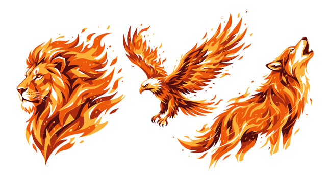 Flaming lion head, eagle, and wolf illustrations depict animals in fiery motion.