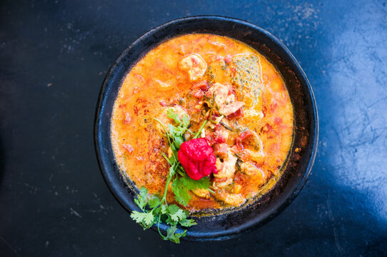 Bowl of Bahian shrimp moqueca seafood stew seen from above, Salvador, Bahia, Brazil