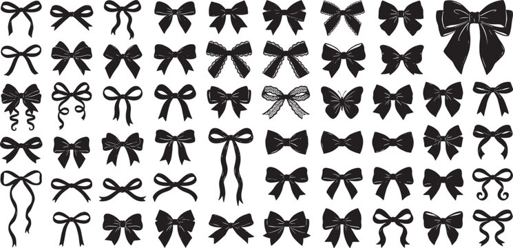 Ribbon bow black silhouette vector icon set featuring elegant fashion accessories hair ties gift wrap decorations and coquette style graphics.