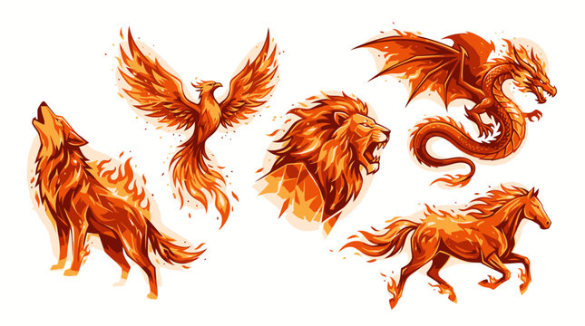 Mythical creatures including a wolf, phoenix, lion, dragon, and horse are depicted.