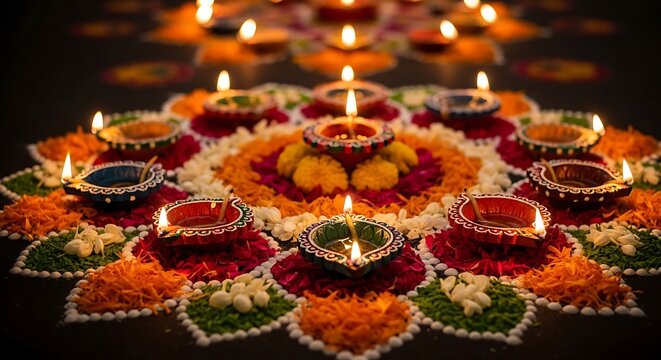 Colorful flower rangoli design with burning clay diyas for Diwali festival celebration.