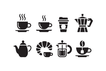 Obraz premium Various coffee icons with teapot moka pot croissant and drinkware on transparent background.