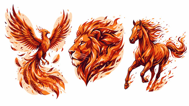 A fiery phoenix soars alongside a majestic lion and a galloping horse.