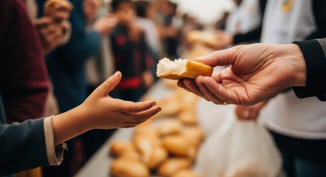 Childs Hand Reaching For Bread Being Given By Adult Hand In Helping Gesture
