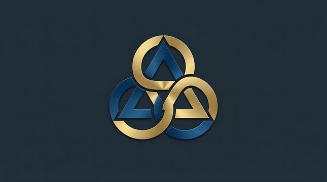Abstract geometric logo with interlocking gold and blue shapes.