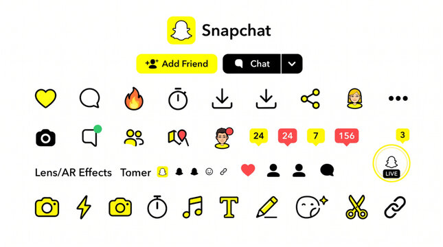 Snapchat social media application icons set, logo and user interface elements: Add Friend, Chat, Snapstreak fire, notifications, camera, maps, AR lens, bitmoji, share