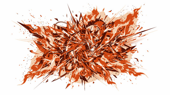 Vibrant orange and black paint splatter explodes in a dynamic abstract artwork indoors.