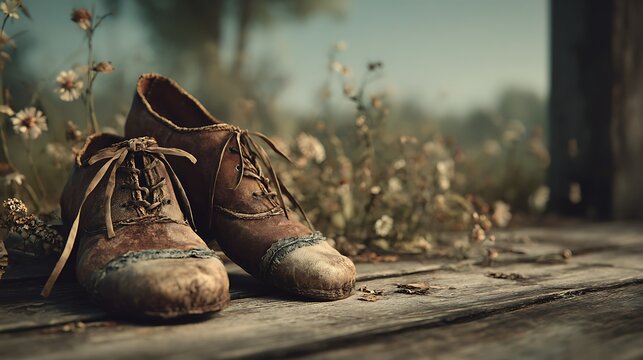 Vintage brown leather lace up shoes on rustic wooden planks with wildflowers in a soft focus outdo