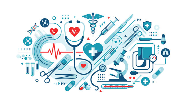 Medical symbols and tools arranged in a circular pattern on a white background