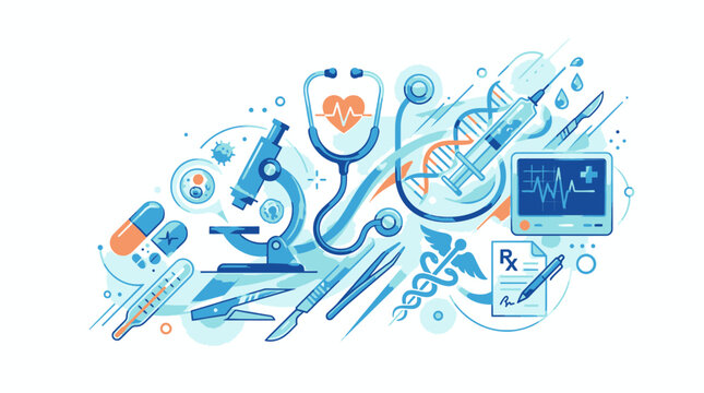 Medical illustration shows various healthcare tools and symbols on a screen