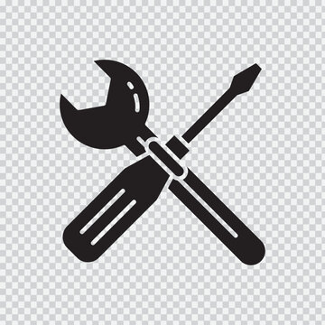 Crossed wrench and screwdriver tools icon flat black silhouette on transparent background adjustment assembly
