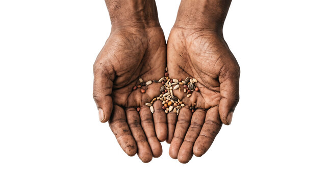 Hardworking hands holding organic grain seeds, farmer cupping raw cereal harvest, concept of food security and agricultural growth isolated PNG with Transparent Background