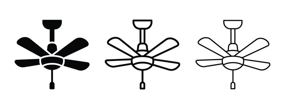 Set of ceiling fan icons with different design styles for home cooling and interior ventilation