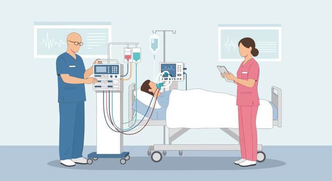 Medical Team with Patient on Ventilator in Hospital Room