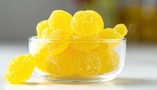 Bright Yellow Lemon Drop Candies Artfully Arranged in a Clear Glass Bowl