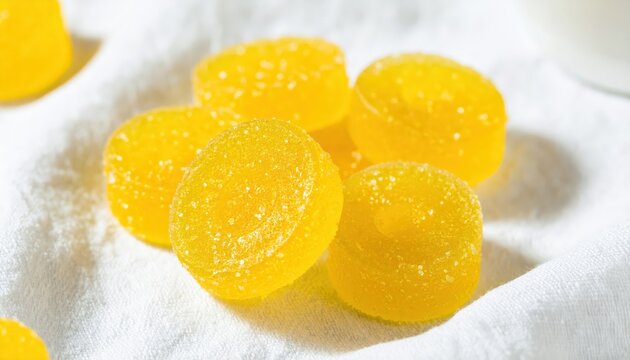 Bright Yellow Lemon Drop Candies Glistening on a Textured White Surface