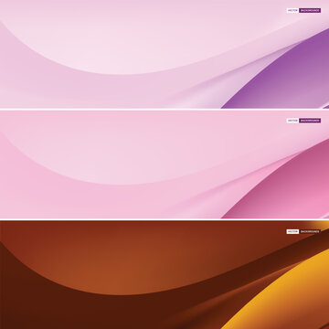 Elegant gradient mesh background templates with fluid wave shapes. Set of horizontal headers in contrasting light pink, lilac, and dark brown metallic gradients.